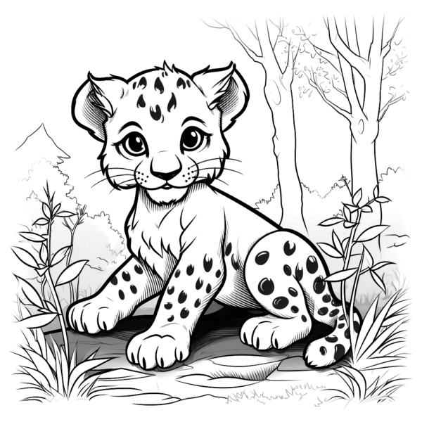 "Baby-Leopard im Wald" Ausmalbild - kostenlos herunterladen
