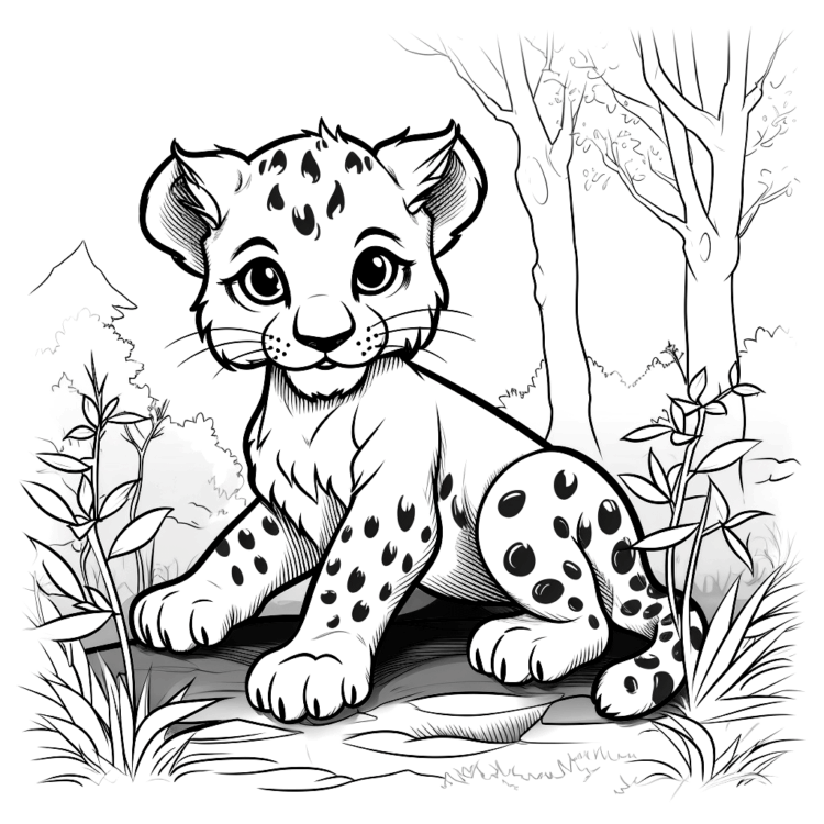Dibujo para colorear bebé leopardo en el bosque