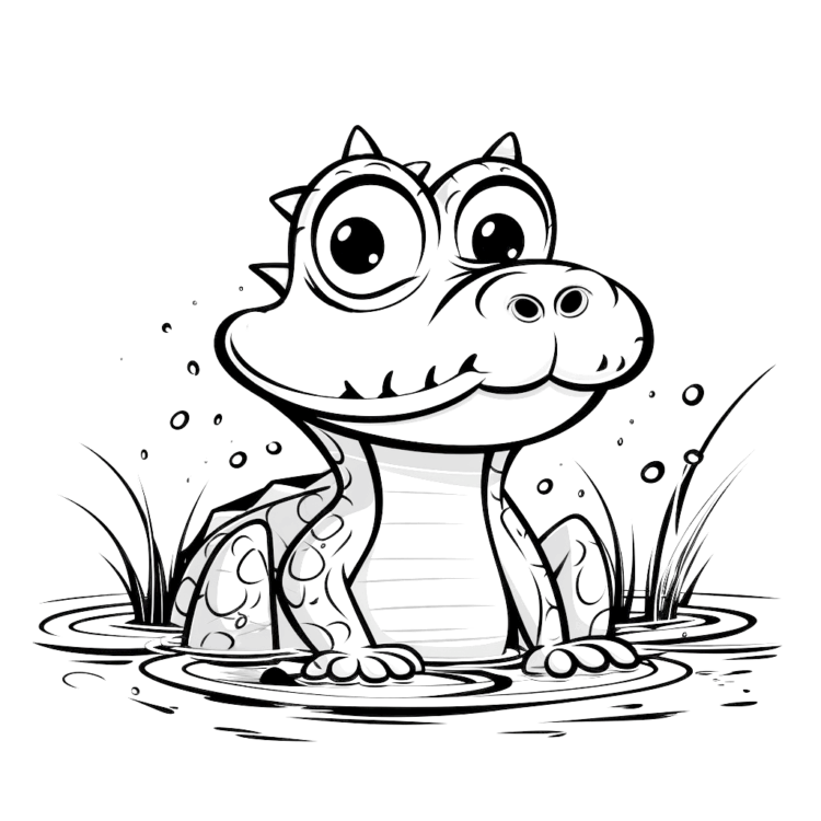 Dibujo para colorear cocodrilo bebé jugando en el agua