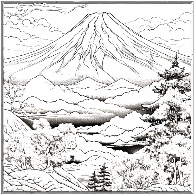 Dibujo para colorear vista de montaña en otoño