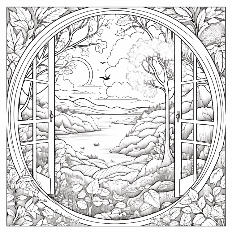Dibujo para colorear vista desde la ventana