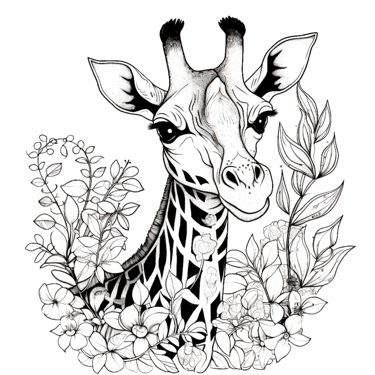 Dibujo para colorear flores y jirafa