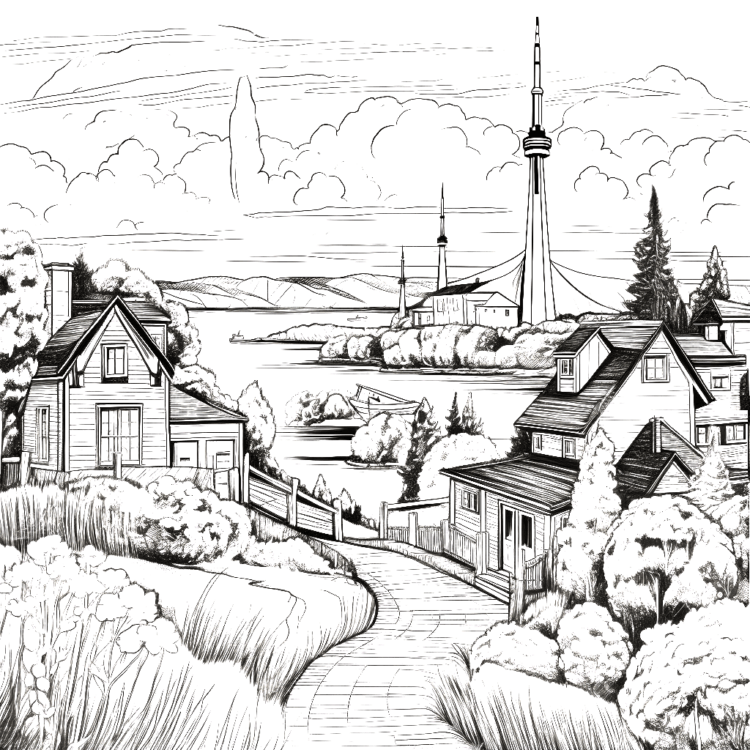 Dibujo para colorear pueblo en otoño