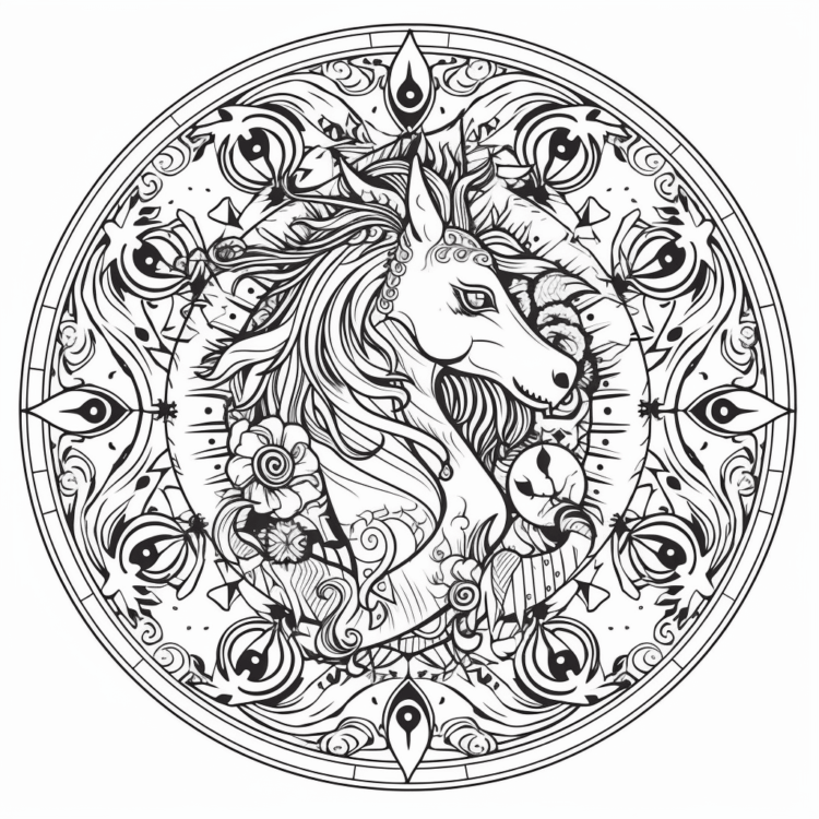 Dibujo para colorear círculo mandala unicornio