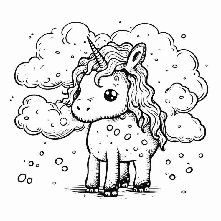 Dibujo para colorear unicornio Pummel en las nubes