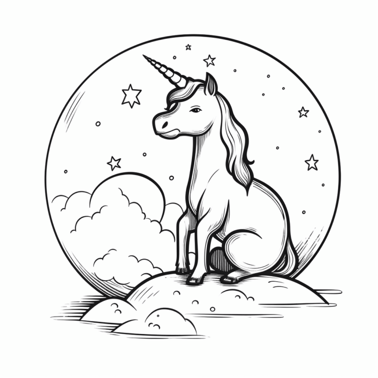 Coloring picture unicorn Pummel in front of the moon