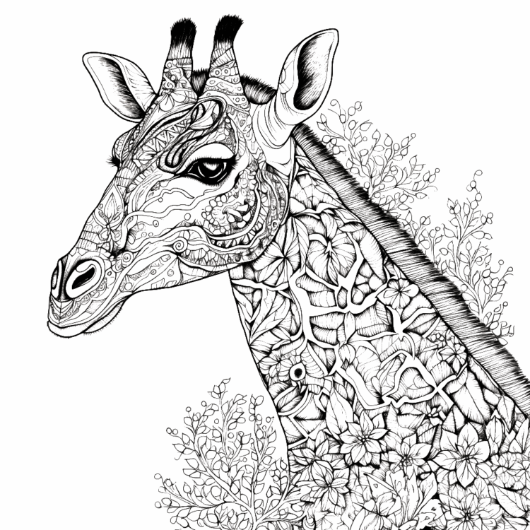 Dibujo para colorear jirafa y flores