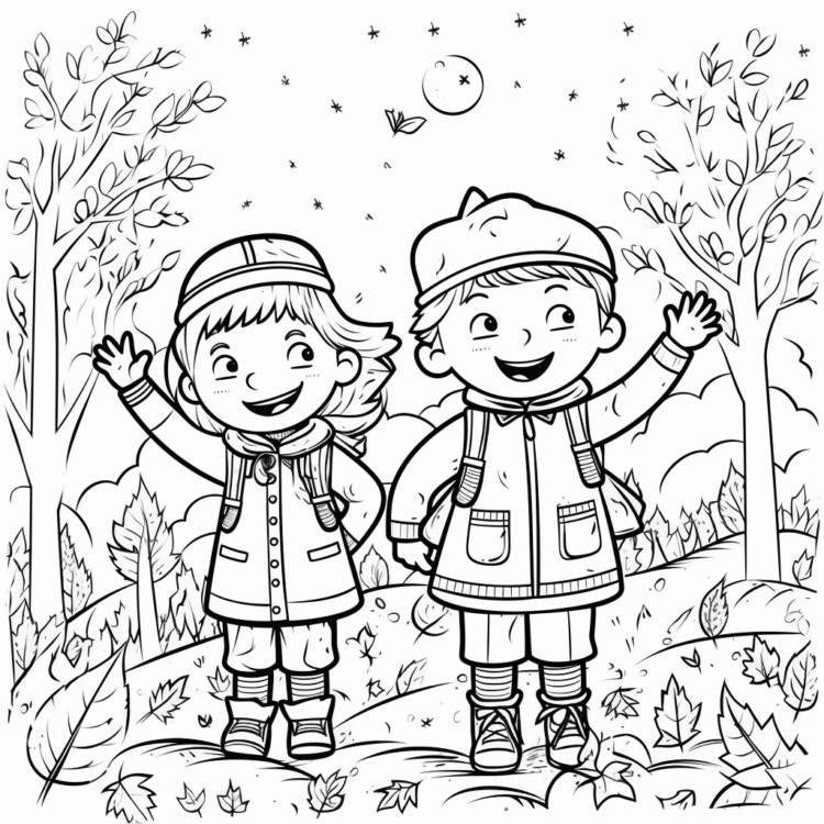 Coloring picture Happy children in autumn