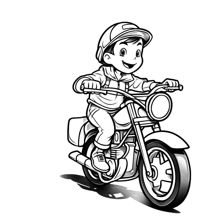 Ausmalbild Glückliches Kind auf einem Motorrad