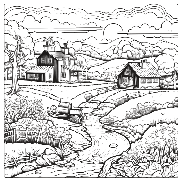 Coloring picture houses on a farm