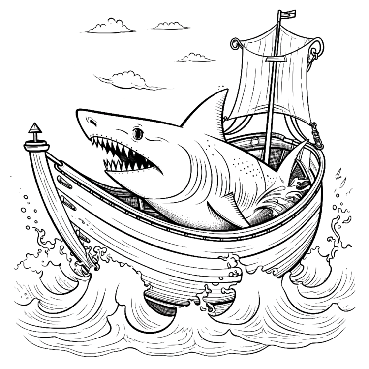 Dibujo para colorear tiburón en barco