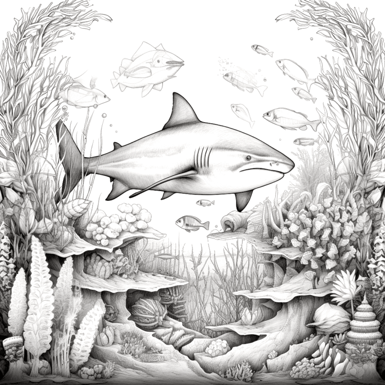 Dibujo para colorear tiburón sobre coral