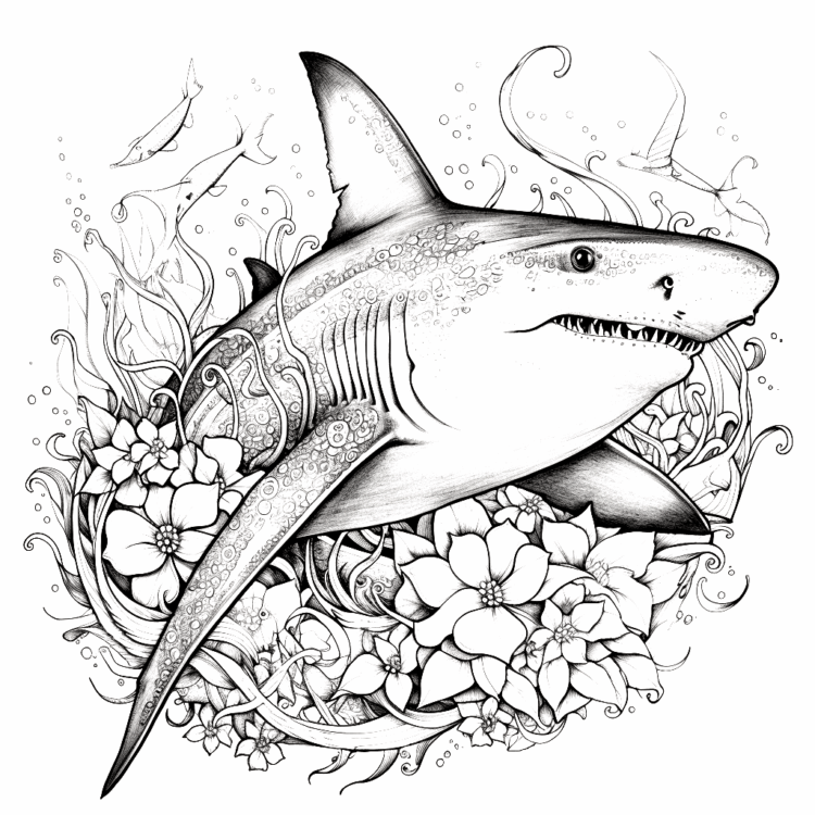 Dibujo para colorear tiburón y flores
