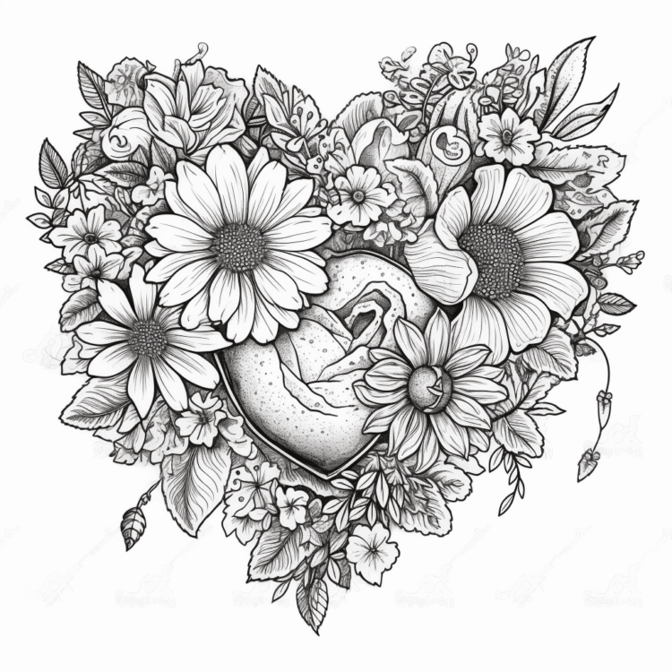 Dibujo para colorear corazón flores