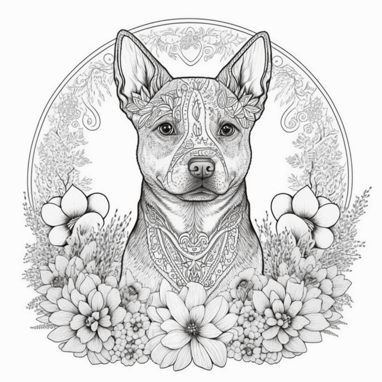 Dibujo para colorear perro y flores