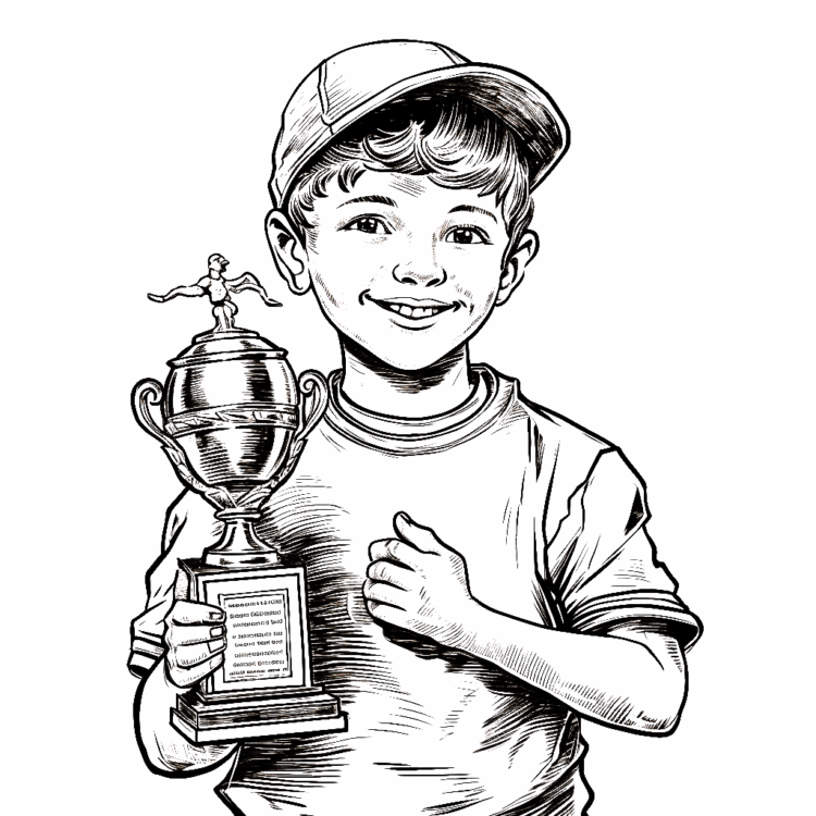 Ausmalbild Kind mit Fußball Pokal