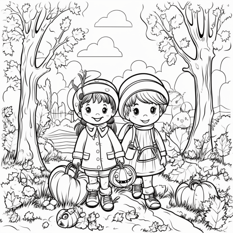 Ausmalbild Kinder im Herbst