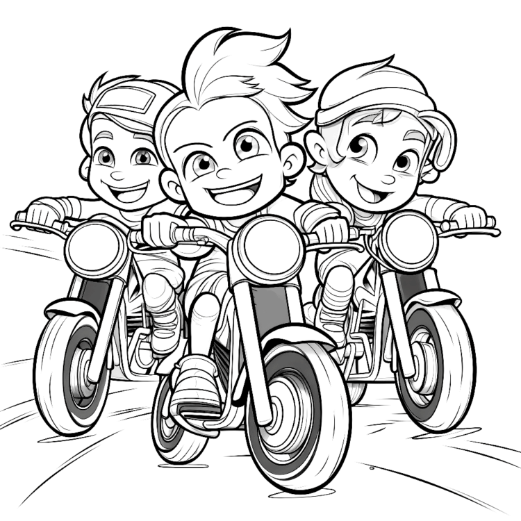 Ausmalbild Kinder in einem Motorradrennen