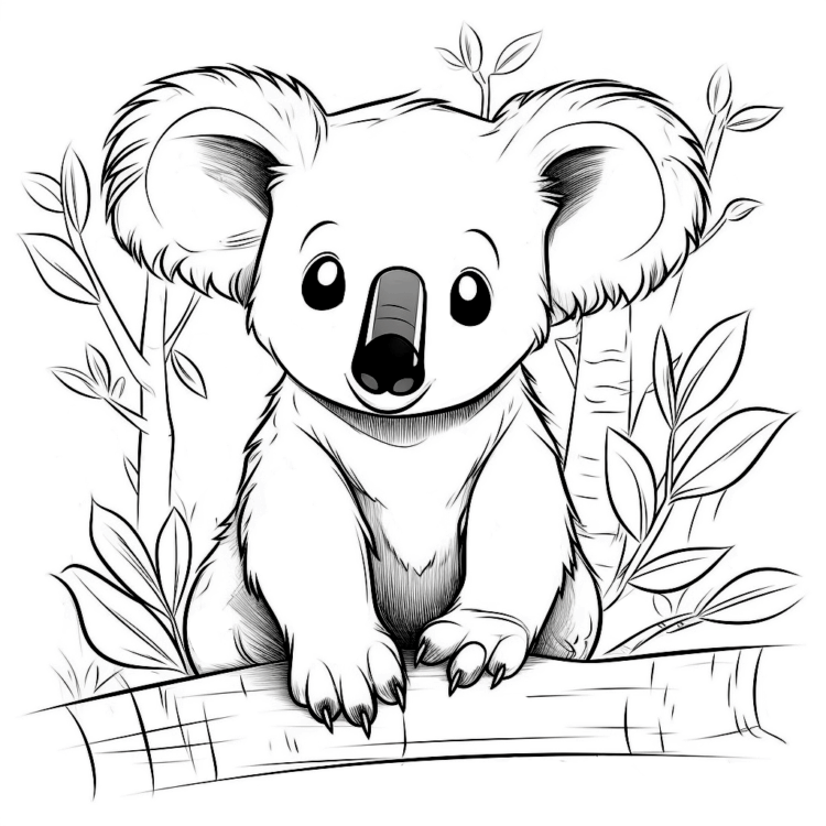 Ausmalbild Koala und Blätter