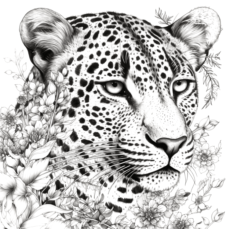 Ausmalbild Leopard und Blumen