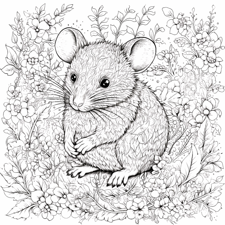 Dibujo para colorear ratón y flores