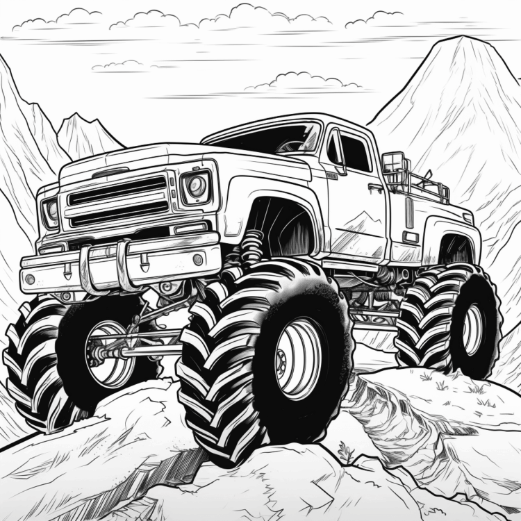 Monster truck on a mountain coloring page