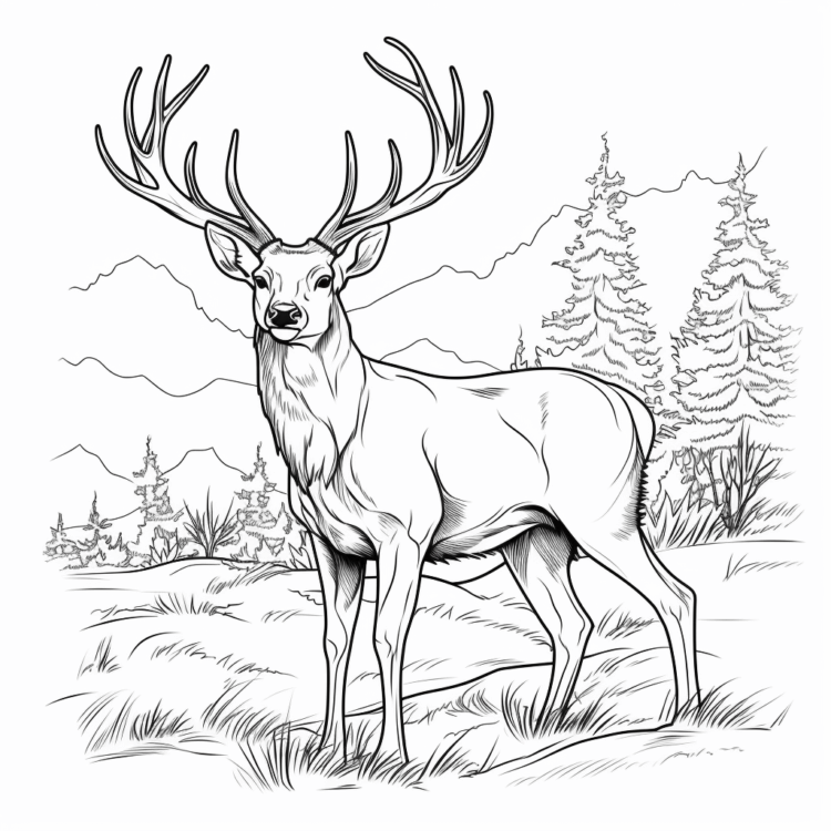 Coloring picture deer in the forest