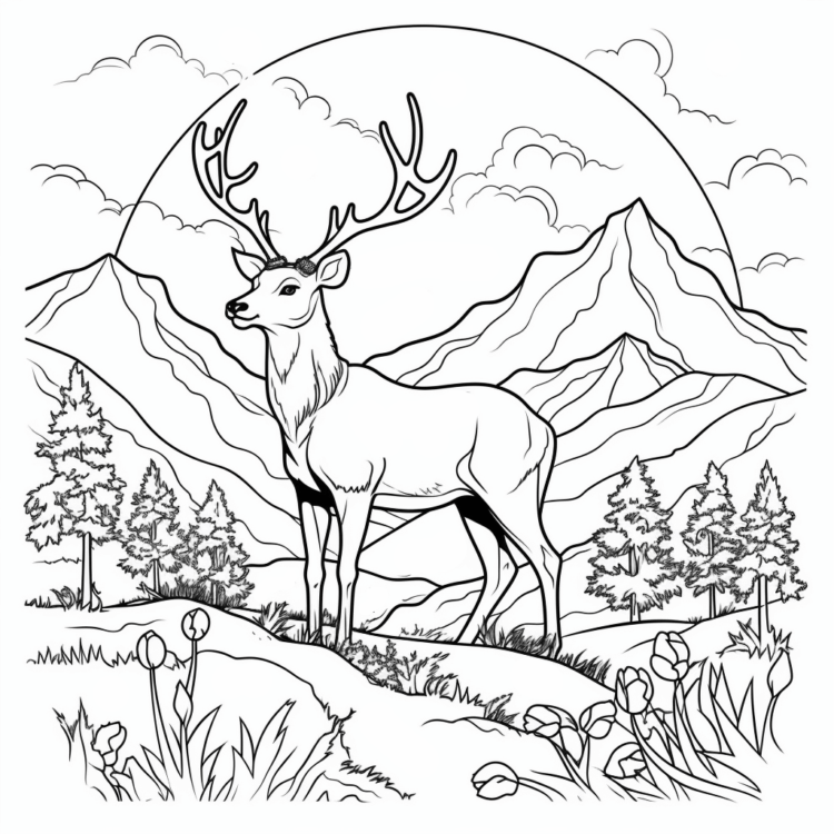 Dibujo para colorear ciervos y montañas