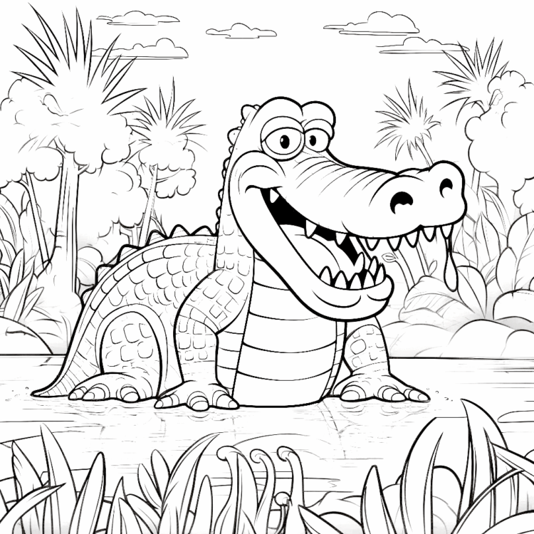 Dibujo para colorear de un cocodrilo nadando