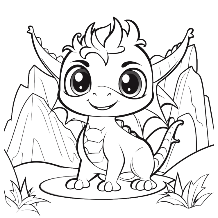 Dibujo para colorear bebé dragón en las montañas