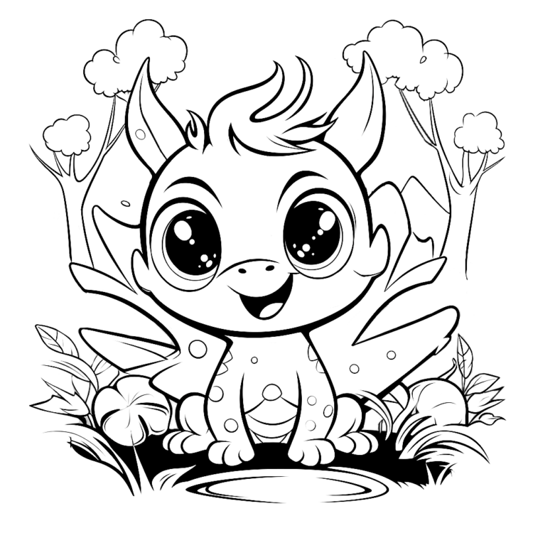 Dibujo para colorear bebé dragón y naturaleza