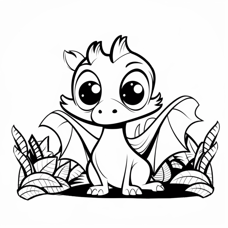 Dibujo para colorear bebé dragón y plantas