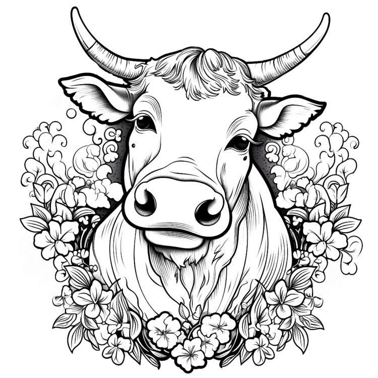 Coloring picture flowers and cow