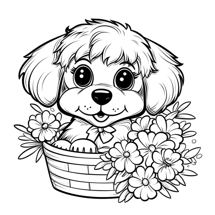 Coloring picture flowers and puppy