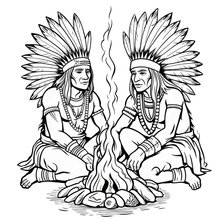 Ausmalbild Indianer und Lagerfeuer