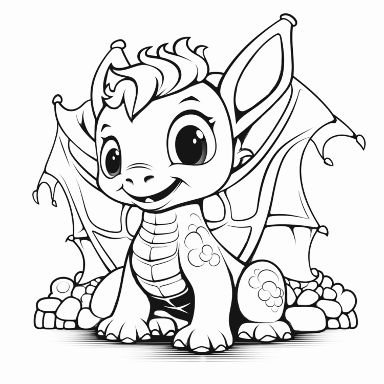 Coloring picture of a young dragon on a rock