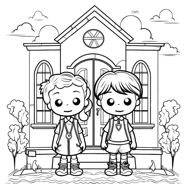 Ausmalbild Kinder vor dem Kindergarten