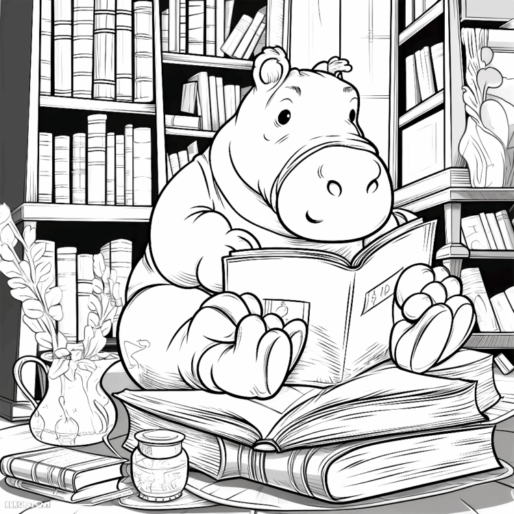Coloring picture hippo reading