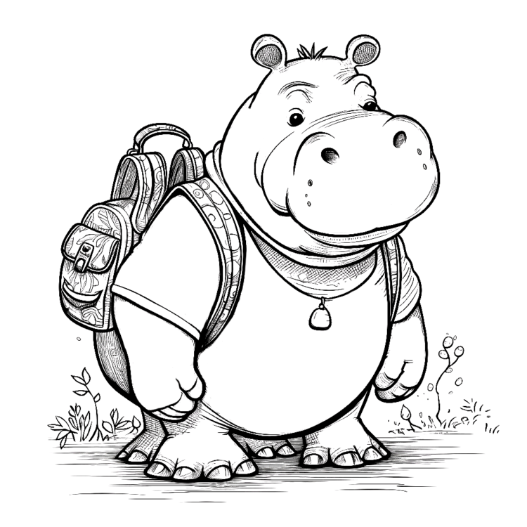 Coloring picture hippo with backpack