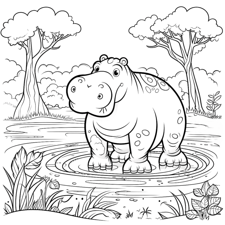 Coloring picture hippo and trees