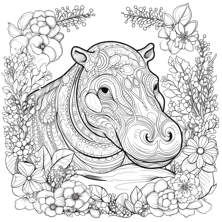 Dibujo para colorear hipopótamo y flores