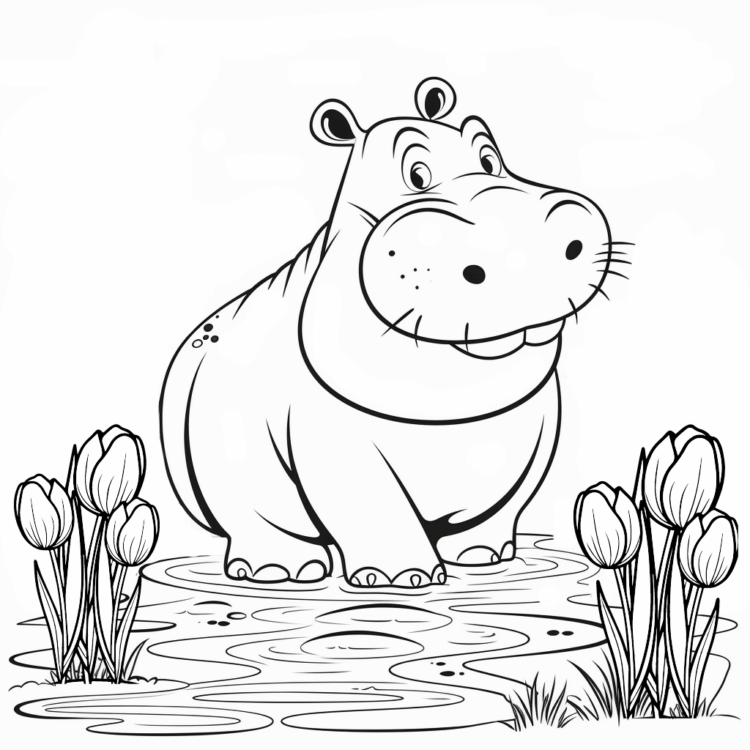 Coloring picture hippopotamus and tulips