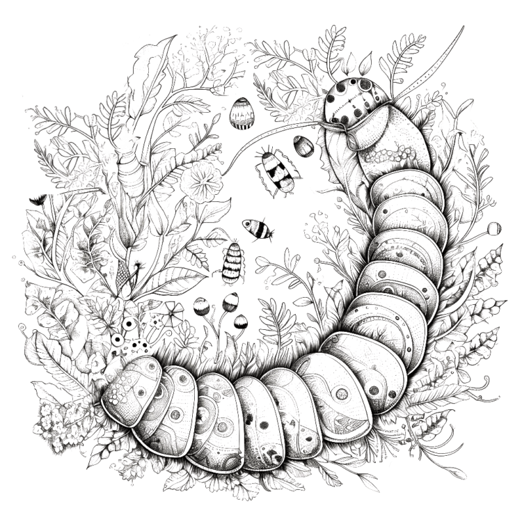 Dibujo para colorear oruga y flores
