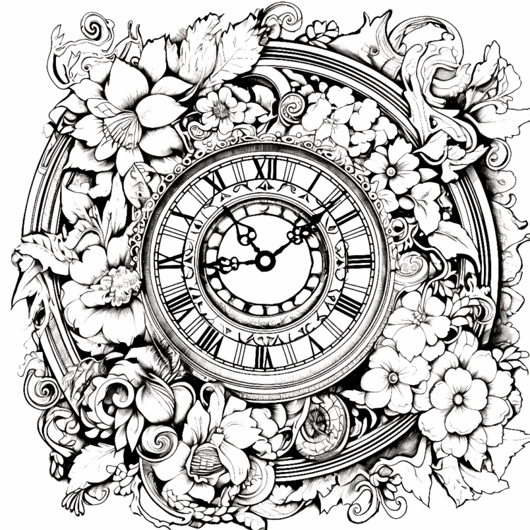 Dibujo para colorear reloj y flor