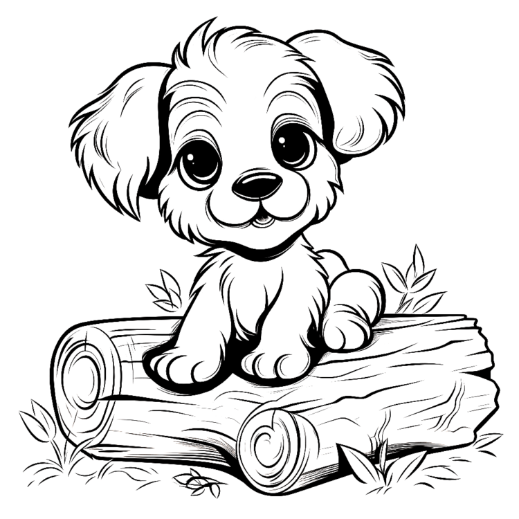 Dibujo para colorear cachorro en tronco de árbol