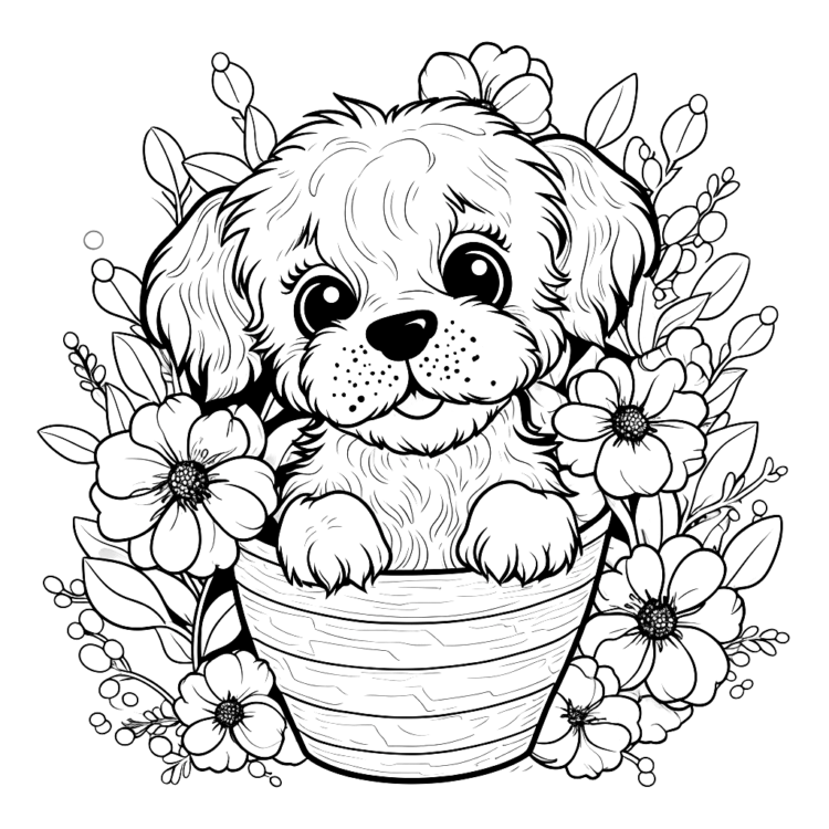 Dibujo para colorear perrito y flores