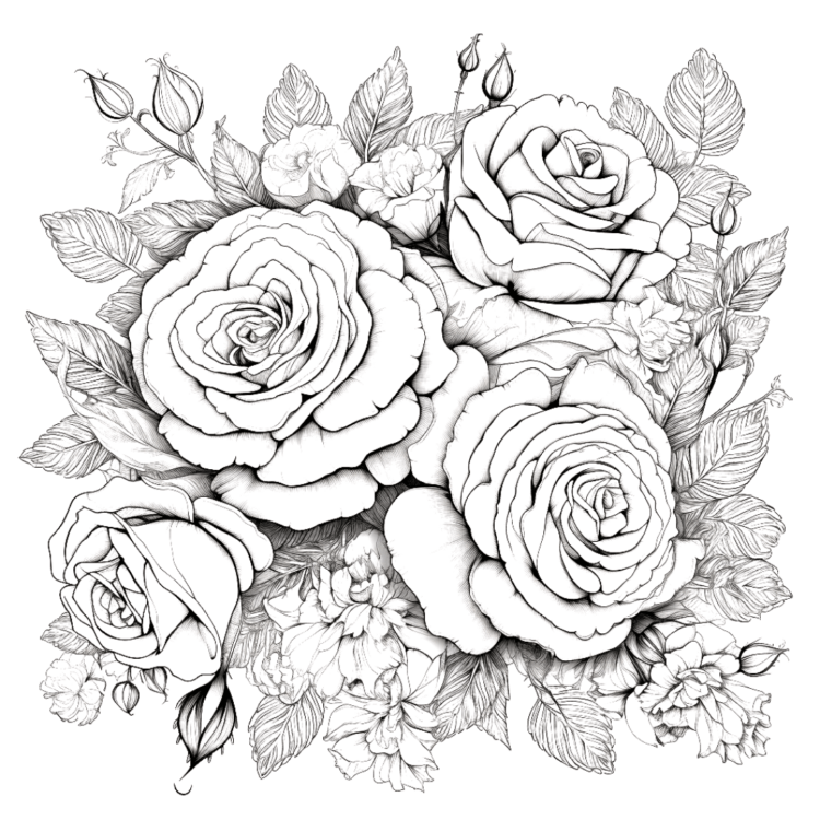 Ausmalbild große Rosen Blumenstrauß