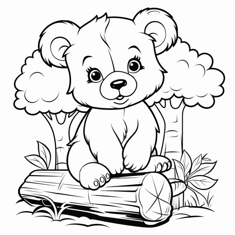 Dibujo para colorear tronco de árbol y lindo oso