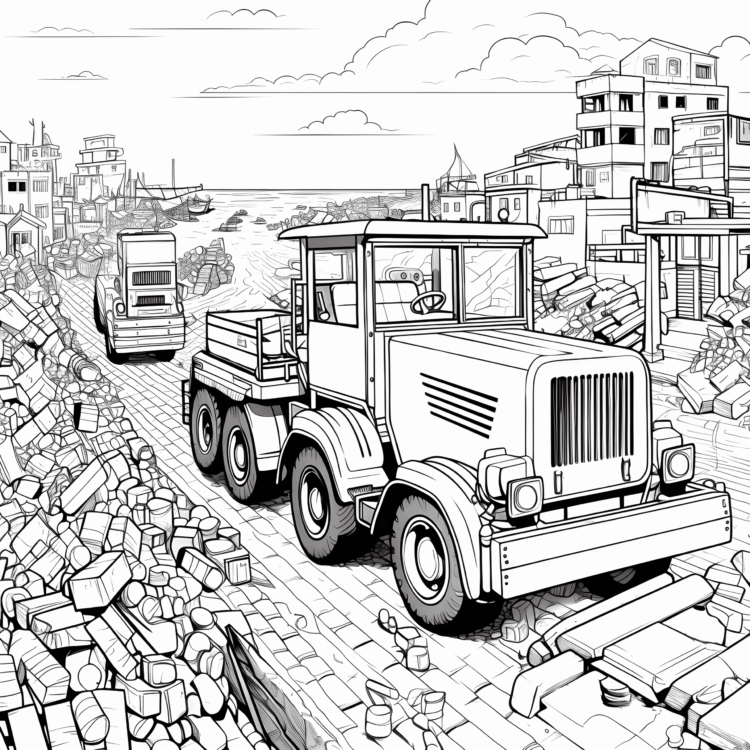 Coloring picture construction site and tractor