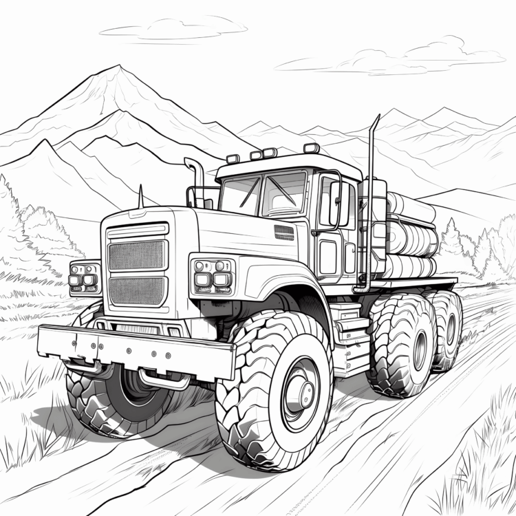 Dibujo para colorear tractor de montaña con remolque